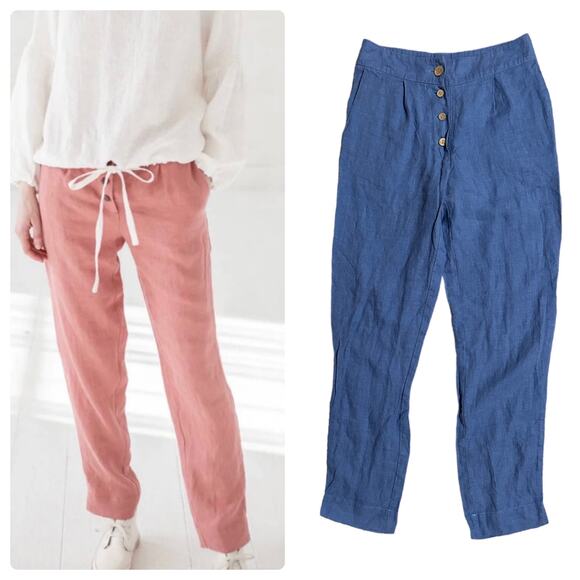 Old Linen Mill Classic High Waist Pants in Ocean Blue - Picture 1 of 7
